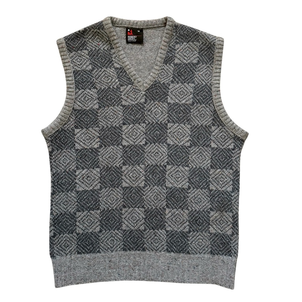 Vintage Robert Bruce Gray Wool Blend Checkered Men's Sweater Vest Size Medium